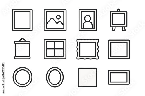 Artistic Frame Icons. Art and Photo Frames. Line icon set of Art and Photo Frames: empty frame, picture frame, photo frame, canvas, poster, collage frame,