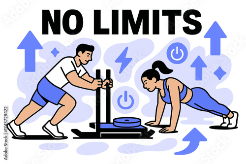 Dynamic Athletic Training. Bootcamp Training. Athletes pushing sleds and doing pushups, glowing arrows and
