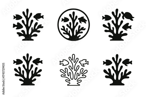 Marine Logo Variations. Exploration of ocean depths and undiscovered marine ecosystems. Set Logo of coral reef: branching coral with marine life silhouettes.