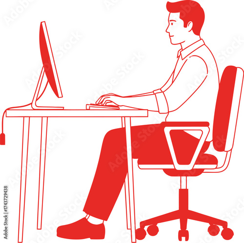 Illustration of man working at desk computer office chair red editable