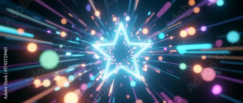 Bright fractal stars glow with blue energy in an abstract motion background loop of neon light