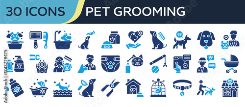 Collection of Pet Grooming icons, related to Cat bath, Pet Brush, Pet food, Pet care, Veterinarian and more. Solid icons vector illustation.