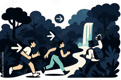 Winding Jungle Trail. Jungle path. A winding trail leads to a glowing waterfall in the distance, with abstract arrow icons guiding the way. Dense trees form