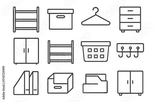 Organized Storage Icons. Organized storage. Line icon set of organized storage: shelf, storage box, hanger, drawer, wardrobe, shoe rack, basket, wall hooks,