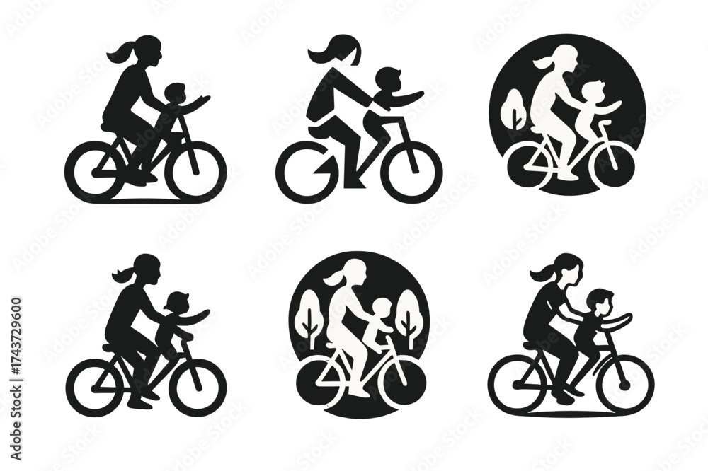 Obraz premium Joyful Park Bonding. A Mother and Son Enjoying a Playful Moment in the Park. Set Logo of A Mother and Son Enjoying a Playful Moment in the Park: bicycle.