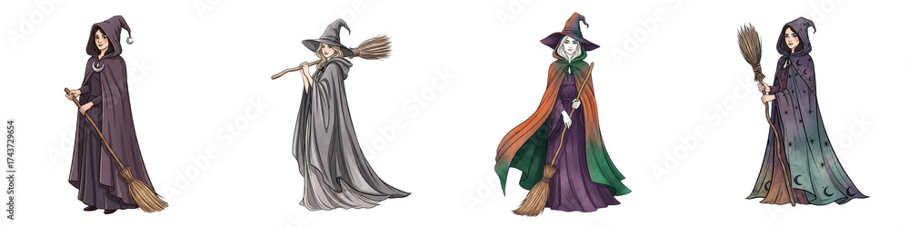 Fototapeta premium Set of isolated women wearing witch cloaks holding brooms for Halloween 