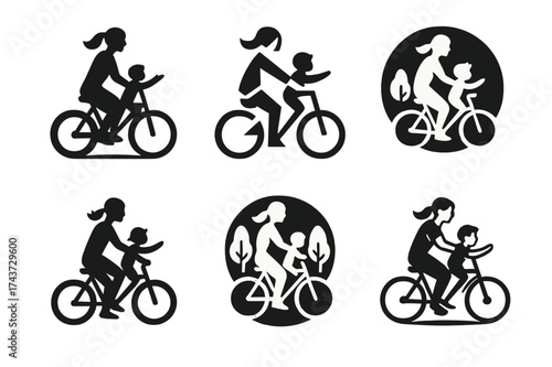 Joyful Park Bonding. A Mother and Son Enjoying a Playful Moment in the Park. Set Logo of A Mother and Son Enjoying a Playful Moment in the Park: bicycle.