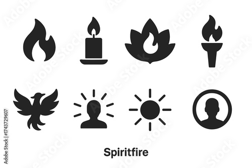 Spiritfire Icon Set. Spiritfire. Filled icon set of Spiritfire: flame, candle, lotus, torch, phoenix, radiant