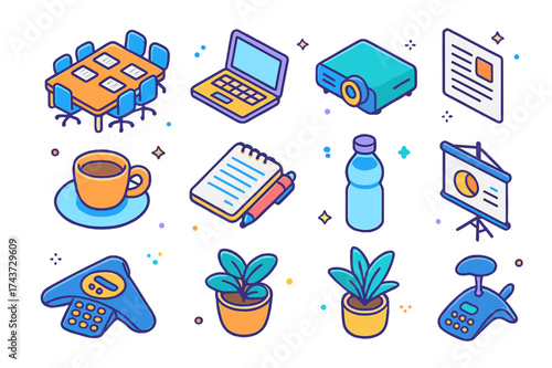 Colorful Conference Icons. Conference table. Colorful isometric vector icons set of conference table: rectangular table, chairs, laptop, projector, documents,