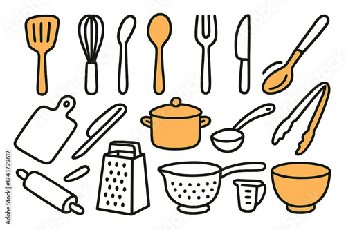 Culinary Tools Illustration. Culinary Tools. Hand-drawn doodle illustration culinary tools spatula (accented), whisk, ladle, spoon (accented), fork, knife,