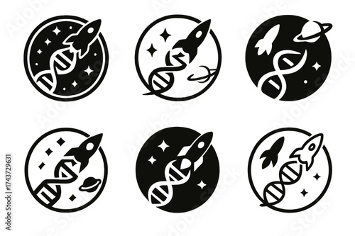 Bio-Space Logo Variations. Genetic engineering for space colonization. Set Logo of bio-space badge: circular emblem combining DNA, rocket, and