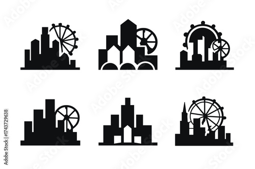 City Skyline Logos. City Skyline. Set Logo of City Skyline: ferris wheel. harmonious logo variations of the same emblematic concept, each with different
