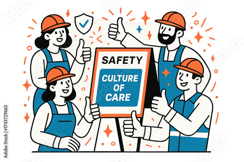 Teamwork in Safety. Culture of Care. A glowing group of workers giving thumbs up around a safety board, abstract floating sparks and shield icons symbolizing