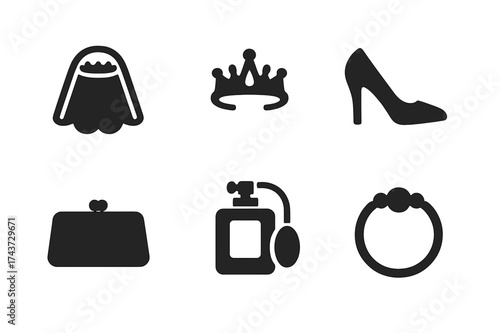 Bridal Icon Set. Bridal Accessories. Filled icon set of Bridal Accessories: veil, tiara, pearl necklace, high