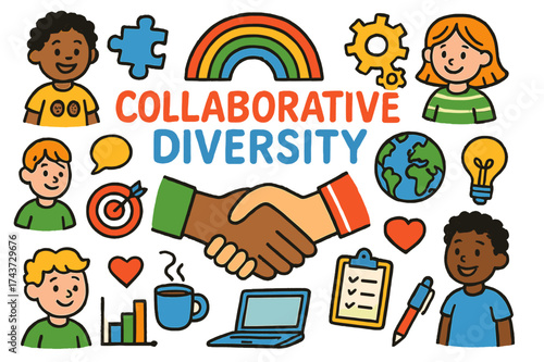 Diverse Collaborative Symbols. Collaborative Diversity. Colorful Hand-drawn doodle Children illustration Collaborative Diversity diverse group, handshake,