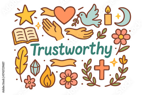 Trustworthy Symbols Illustration. Trustworthy. Hand-drawn doodle illustration of Trustworthy. hands, heart,