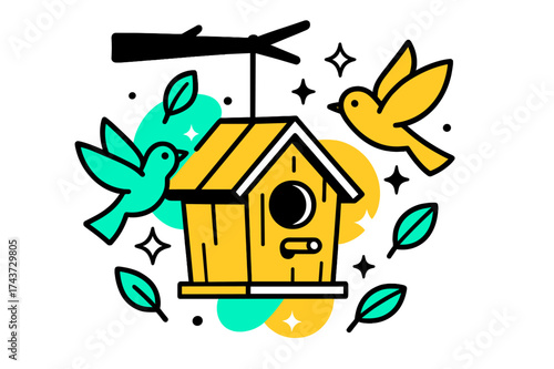 Glowing Birdhouse Welcome. Hanging birdhouse. A glowing finished birdhouse hanging from a tree branch, abstract floating birds, leaves, and sparkles