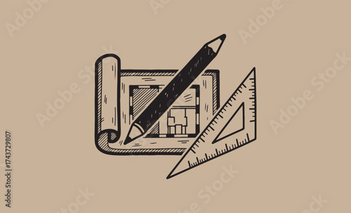 Hand drawn architectural blueprint with pencil and ruler sketch