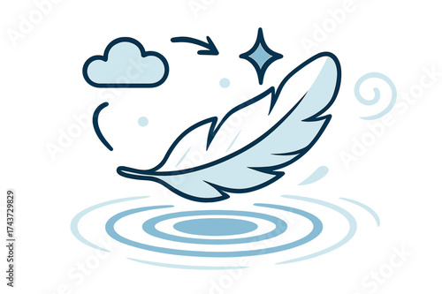 Floating Feather Serenity. Softness. Glowing feather floating gently in the air with ripples of calm spreading. Floating icons of cloud, sparkle, and swirl