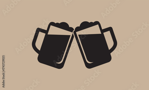 Two dark beer mugs clinking together in a toast