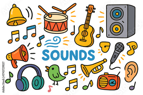 Colorful Musical Doodles. Sounds. Colorful Hand-drawn doodle Children illustration Music notes, bell, drum, guitar, speaker, microphone, whistle, trumpet, ear,