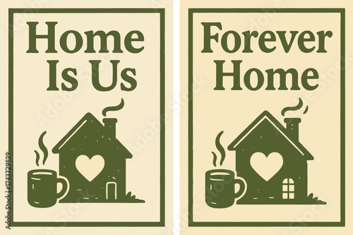 Retro Cozy Home Banners. Home. Two vertical A6 banners, retro, olive green and cream backgrounds, cozy house with a glowing heart window and steam from a mug,
