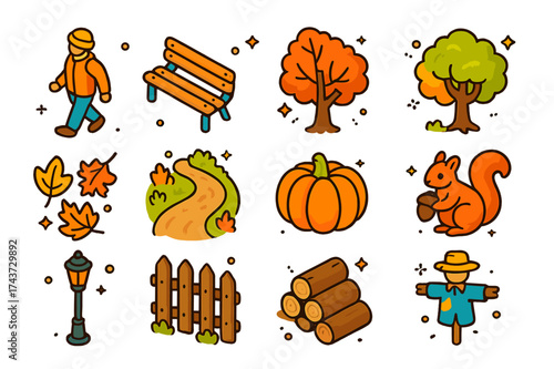 Autumn Stroll Icons. Autumn stroll. Colorful isometric vector icons set of autumn stroll: person walking, park bench, maple tree, oak tree, falling leaves,