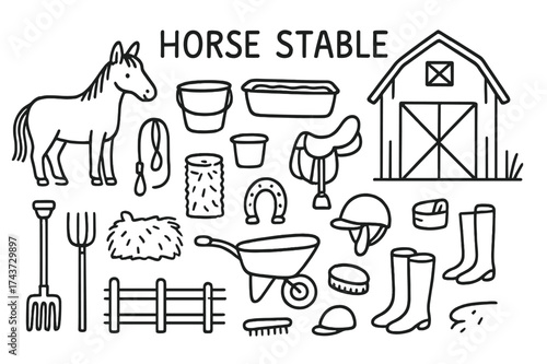 Horse Stable Doodle. Horse Stable. Hand-drawn doodle illustration Horse Stable horse, stable barn, hay bale, bucket, water trough, saddle, bridle, horseshoe,