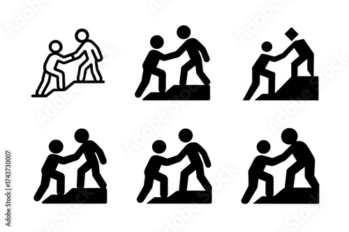 Productivity Icon Variations. Assisting with tasks. Set Logo of Productivity: person helping another icon. harmonious logo variations of the same emblematic