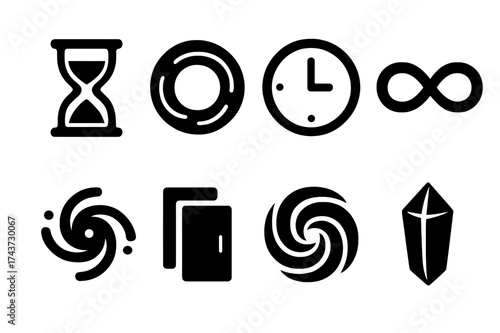 Time and Dimensions Icons. Time and dimensions. Filled icon set of Time and dimensions: hourglass, portal ring