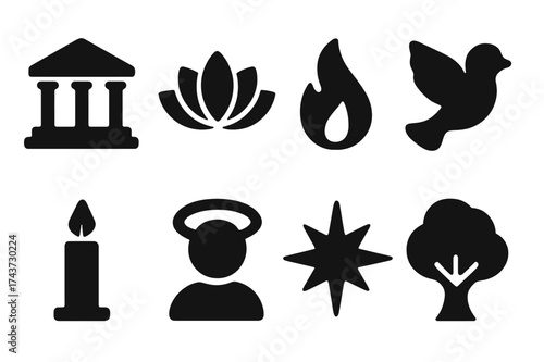 Sanctuary Symbols Grid. Sanctuary. Filled icon set of Sanctuary: temple, lotus, flame, dove, candle, aura ring