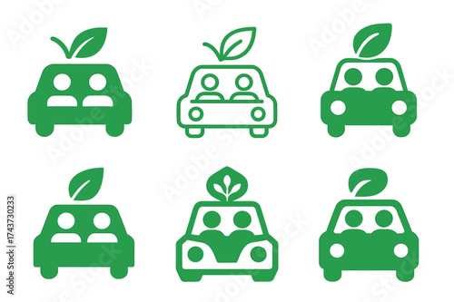 Sustainable Carpool Logos. Sustainable urban transportation. Set Logo of shared ride: carpool icon with people and eco symbol. harmonious logo variations of