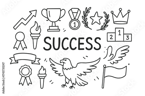 Success Symbols Doodle. Success. Hand-drawn doodle illustration of Success. rising arrow, trophy, medal,
