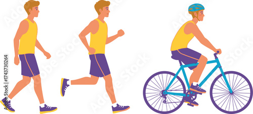 Man walking running and cycling vector illustration fitness editable
