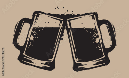 Two dark beer mugs clinking together in a toast illustration