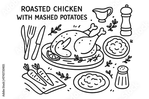 Chicken and Potatoes Doodle. Roasted Chicken with Mashed Potatoes. Hand-drawn doodle illustration roasted chicken with a side of mashed potatoes roasted