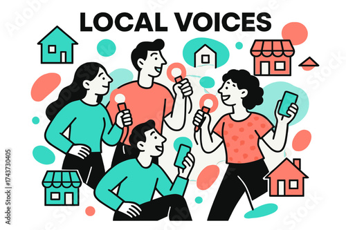 Community Dialogue Icons. Local voices. A group gathered with glowing microphones and phones, abstract floating community icons like homes and