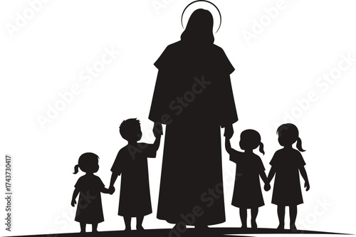 Jesus with halo holding little children vector illustration silhouette. Jesus walking with children, discipleship into christian faith. 