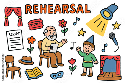 Children's Rehearsal Stage. Rehearsal. Colorful Hand-drawn doodle Children illustration script, chair, stage, spotlight, elderly actor, child actor, book, hat,