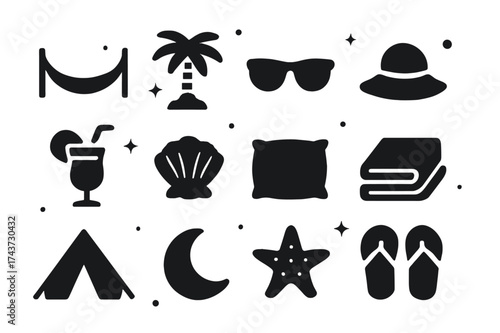 Resting Zone Icons. Resting zone. Solid icons set of hammock, palm tree, sunglasses, sun hat, cocktail, seashell, pillow, blanket, tent, moon, starfish, flip