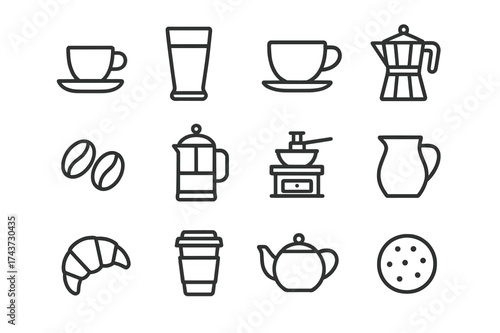 Coffee Icon Set. Coffee culture. Line outline icon set of coffee culture: espresso cup, latte glass,