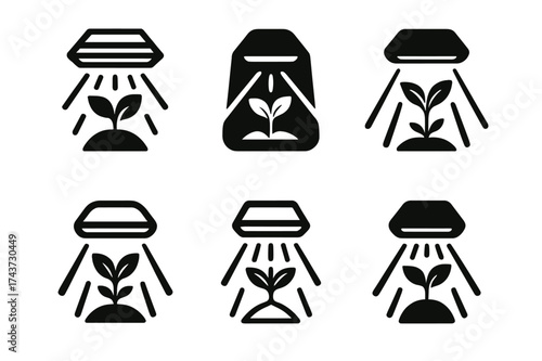 LED Farming Logos. Indoor farming with LED lighting. Set Logo of seedling under lamp: young plant illuminated by LED rays. harmonious logo variations of the