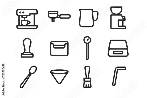 Barista Tools Icons. Barista tools. Line outline icon set of barista tools: espresso machine, portafilter,
