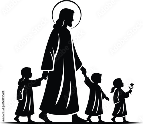 Jesus with halo holding little children vector illustration silhouette. Jesus walking with children, discipleship into christian faith. 