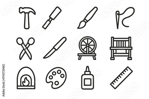 Craft Techniques Icons. Craft techniques. Line outline icon set of craft techniques: hammer, chisel,
