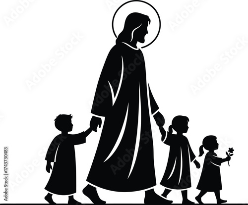 Jesus with halo holding little children vector illustration silhouette. Jesus walking with children, discipleship into christian faith. 