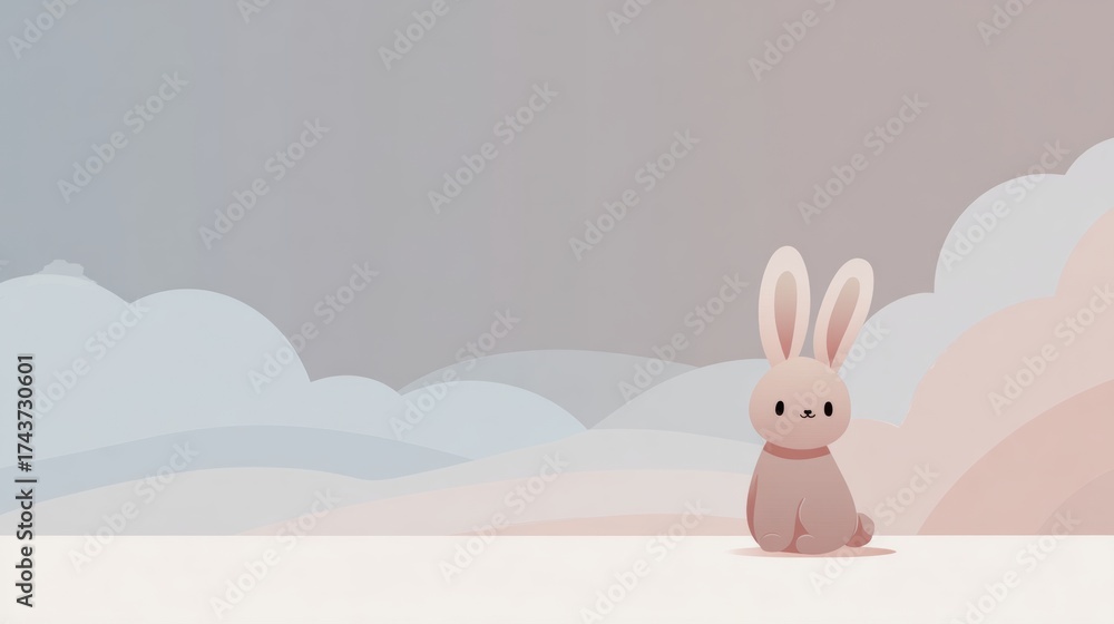 Fototapeta premium Adorable cartoon bunny with soft pink fur sitting peacefully in a dreamy pastel landscape, perfect for children's designs