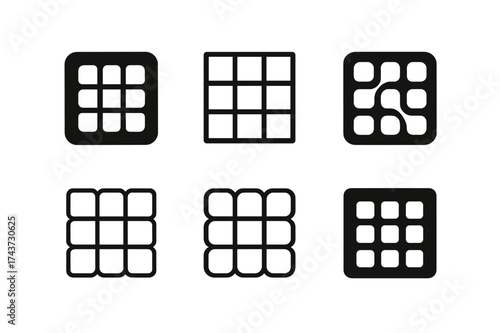 Harmonious Logo Grid. Order. Set Logo of Conceptual design: organized grid icon. harmonious logo variations of the same emblematic concept, each with different