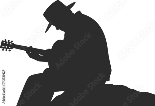 Cowboy sitting on a rock playing acoustic guitar outdoor vector illustration silhouette 