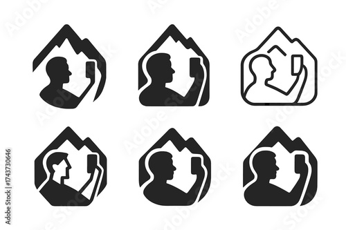 Travel Selfie Logo Grid. Taking travel selfies. Set Logo of iconic shot: person with mountain silhouette behind phone. harmonious logo variations of the same